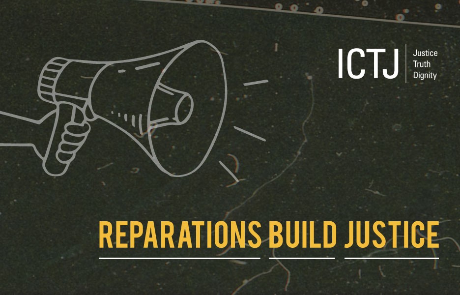 Abstract graphic design featuring a sketch of a megaphone and the words "Reparations Build Justice".