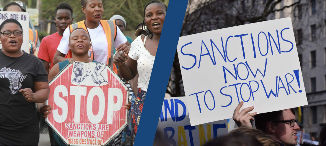 in two different photos, people hold signs for and against sanctions