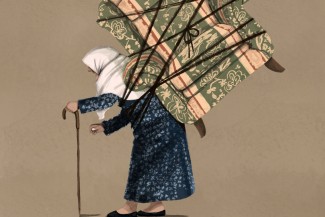 Illustration depicting an elderly woman carrying an armchair on her back