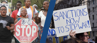 in two different photos, people hold signs for and against sanctions
