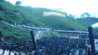 Hundreds of people gather at the bottom a green hill