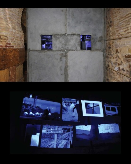 The top images shows a concrete wall with two openings in it, that have an art installation behind them.
