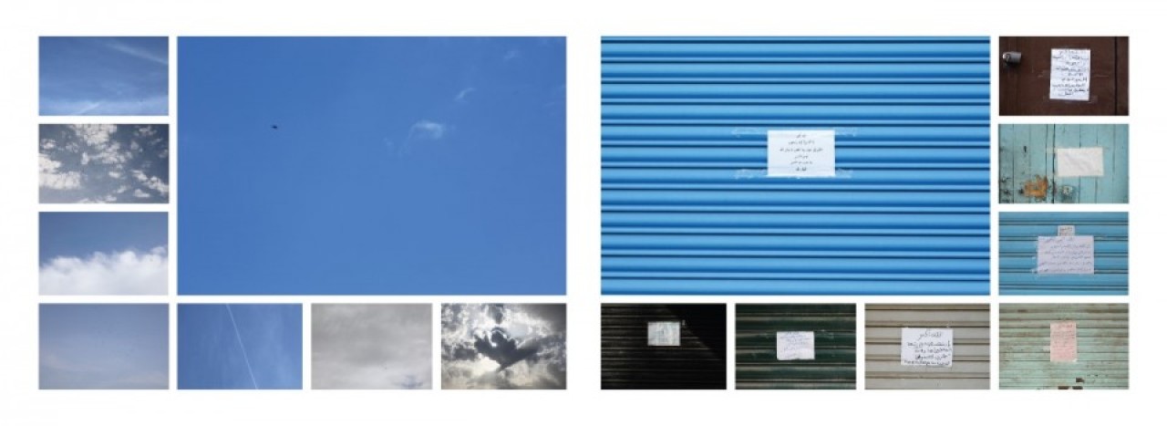 On the left, a collection of photos of the sky, on the right, a collection of closed metal gates.