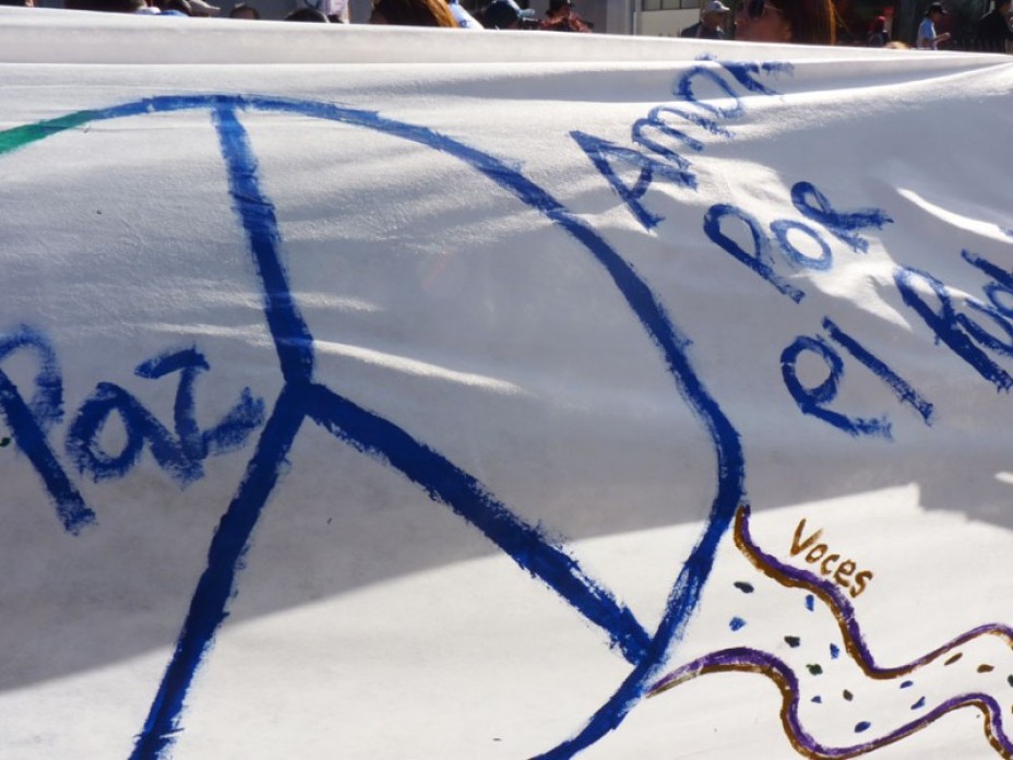 A protest sign with a peace symbol on it.