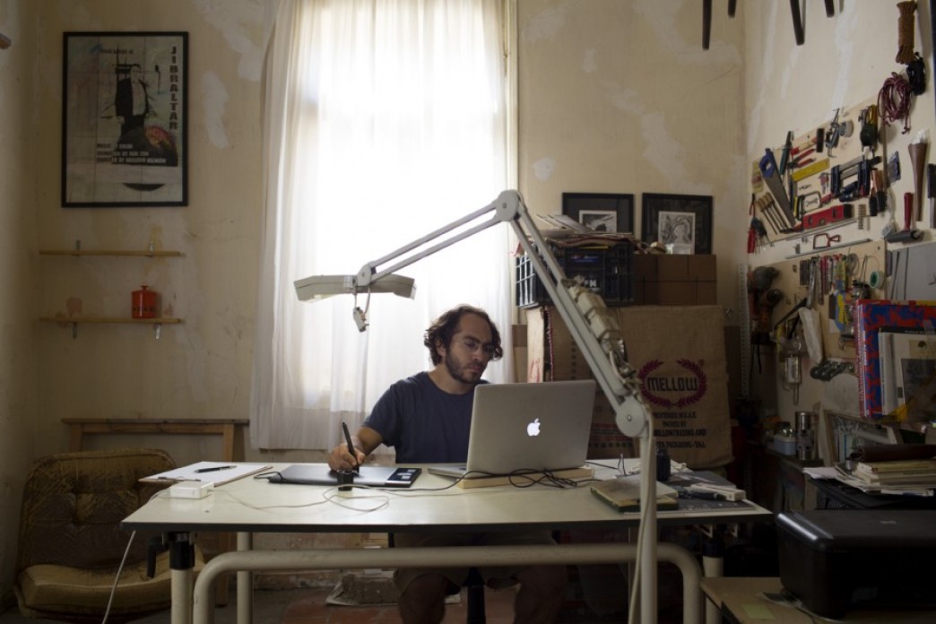 A man at a desk.