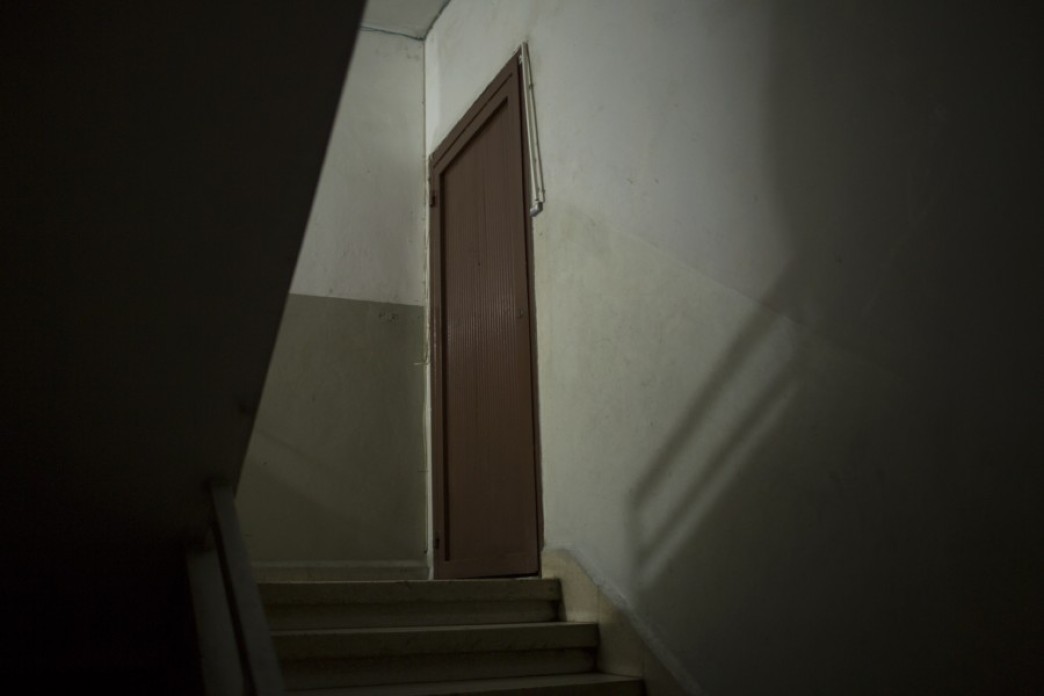 The stairwell of an apartment.