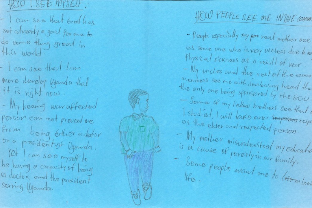 Hand-drawn art on colorful paper with writing.