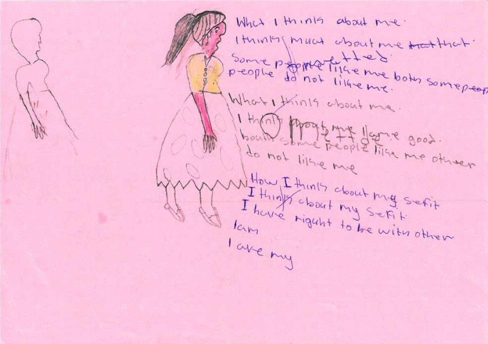 Hand-drawn art on colorful paper with writing.
