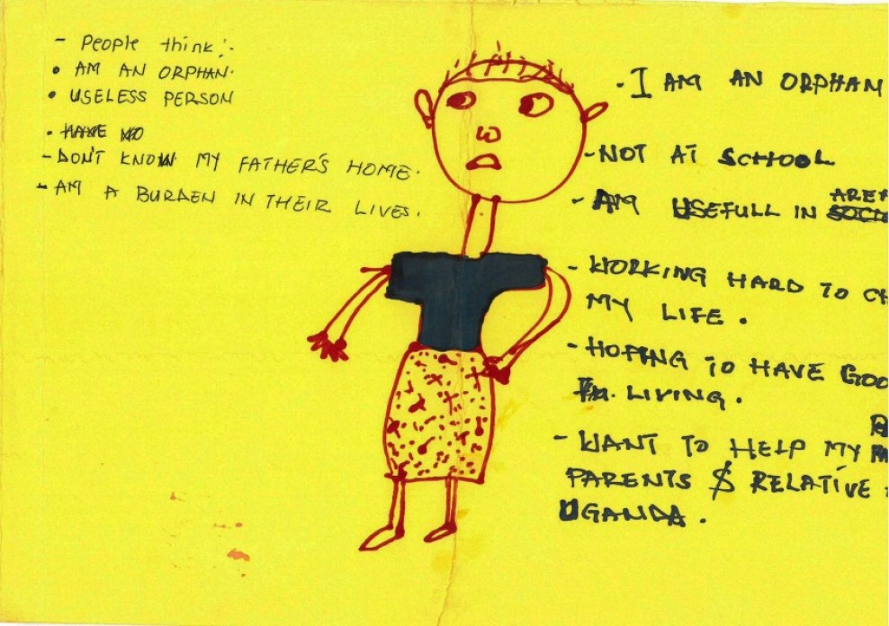 Hand-drawn art on colorful paper with writing.