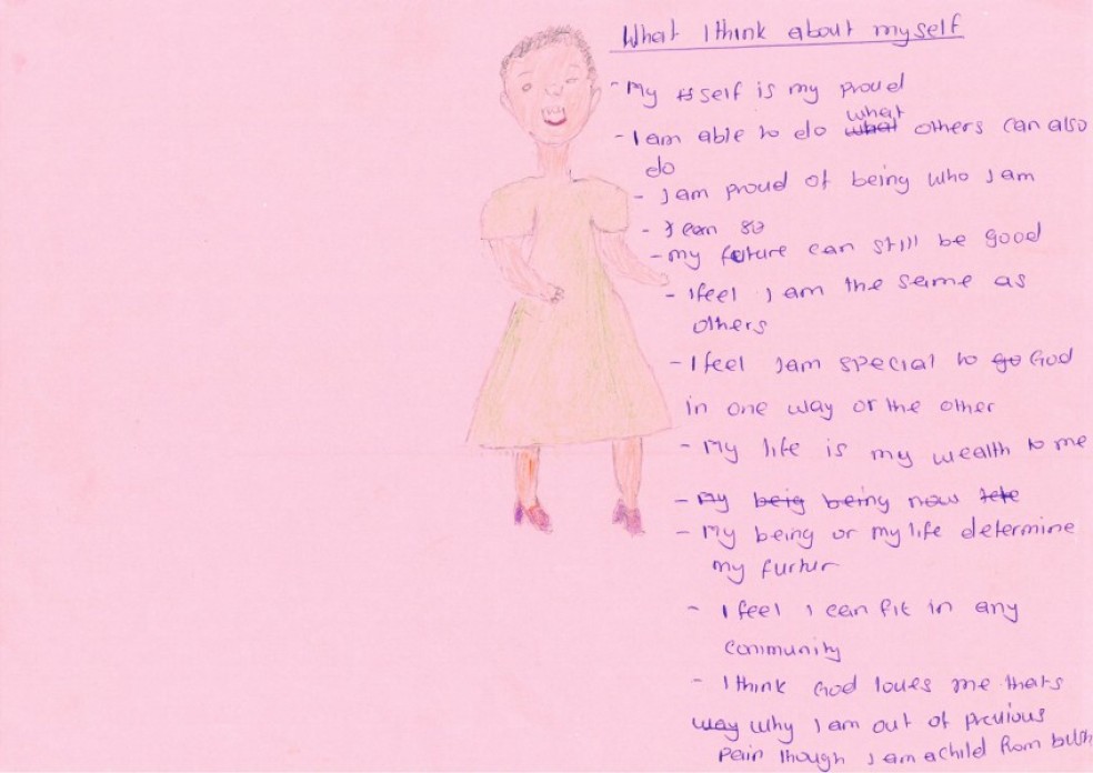 Hand-drawn art on colorful paper with writing.