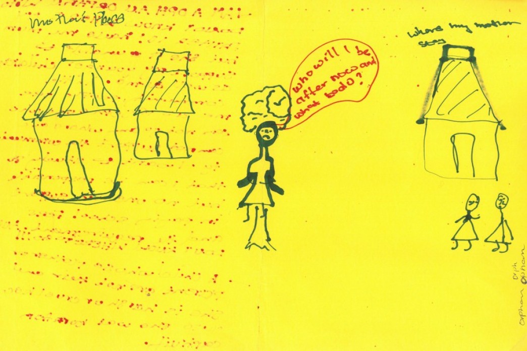 Hand-drawn art on colorful paper with writing.