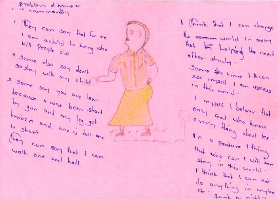 Hand-drawn art on colorful paper with writing.