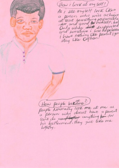 Hand-drawn art on colorful paper with writing.