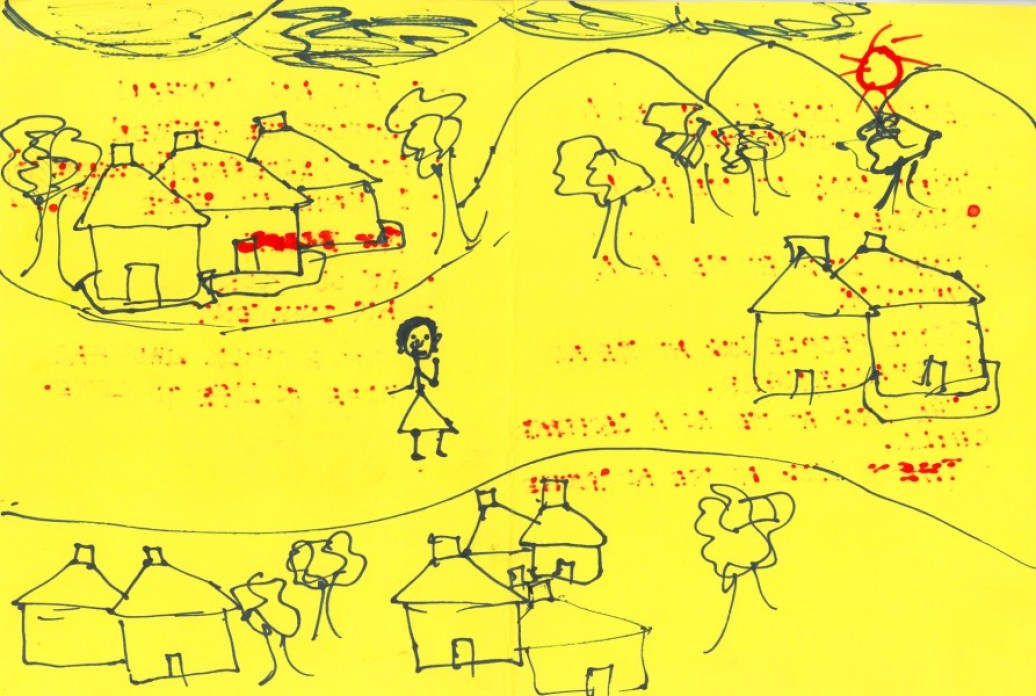 Hand-drawn art on colorful paper with writing.